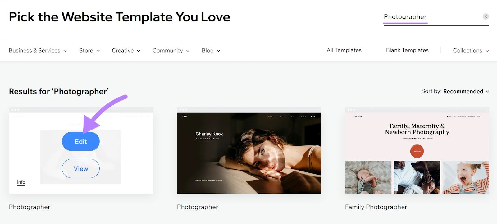 Wix&rsquo;s template library results for "photographer"