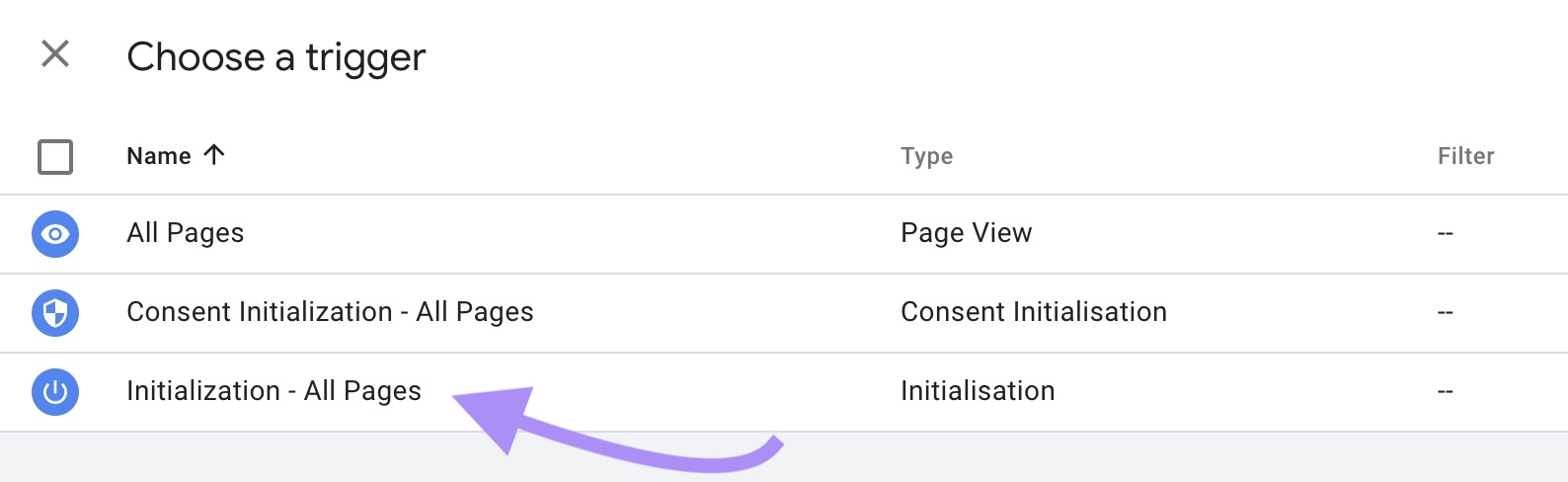 &ldquo;Initialization - All Pages&rdquo; option selected under "Choose a trigger" window