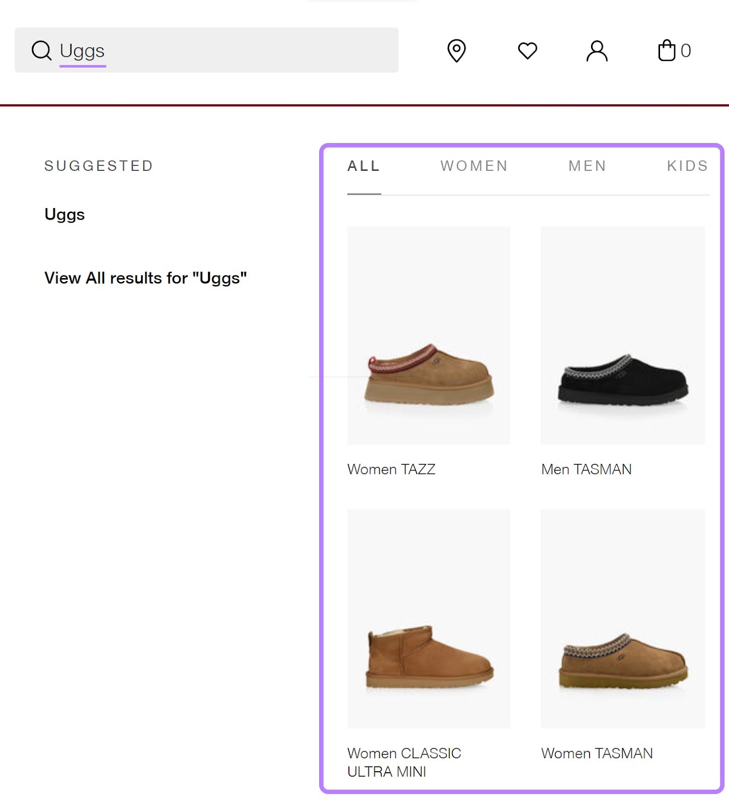 Browns&rsquo;s search navigation suggestions when typing "Uggs" in the search bar