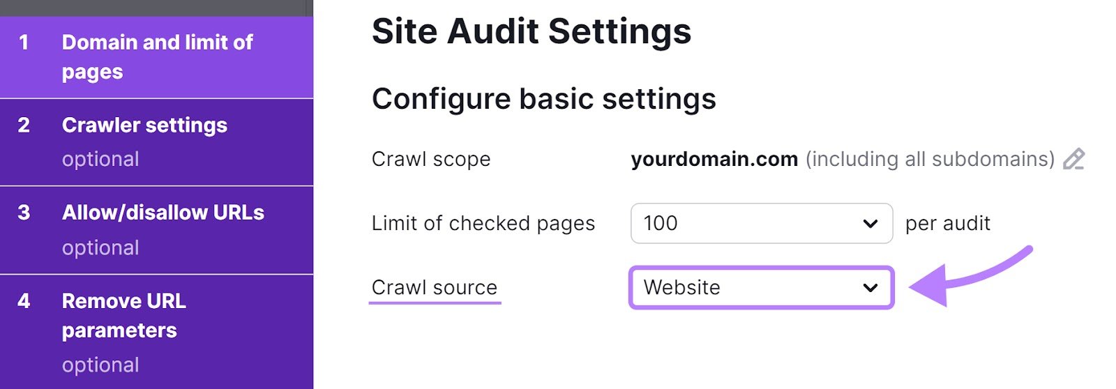 "Website" set next to &ldquo;Crawl source&rdquo; box