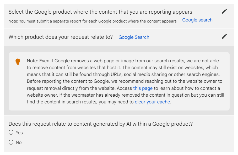 Answer whether the spam relates to AI content in Google&rsquo;s &ldquo;Report Content on Google&rdquo; form
