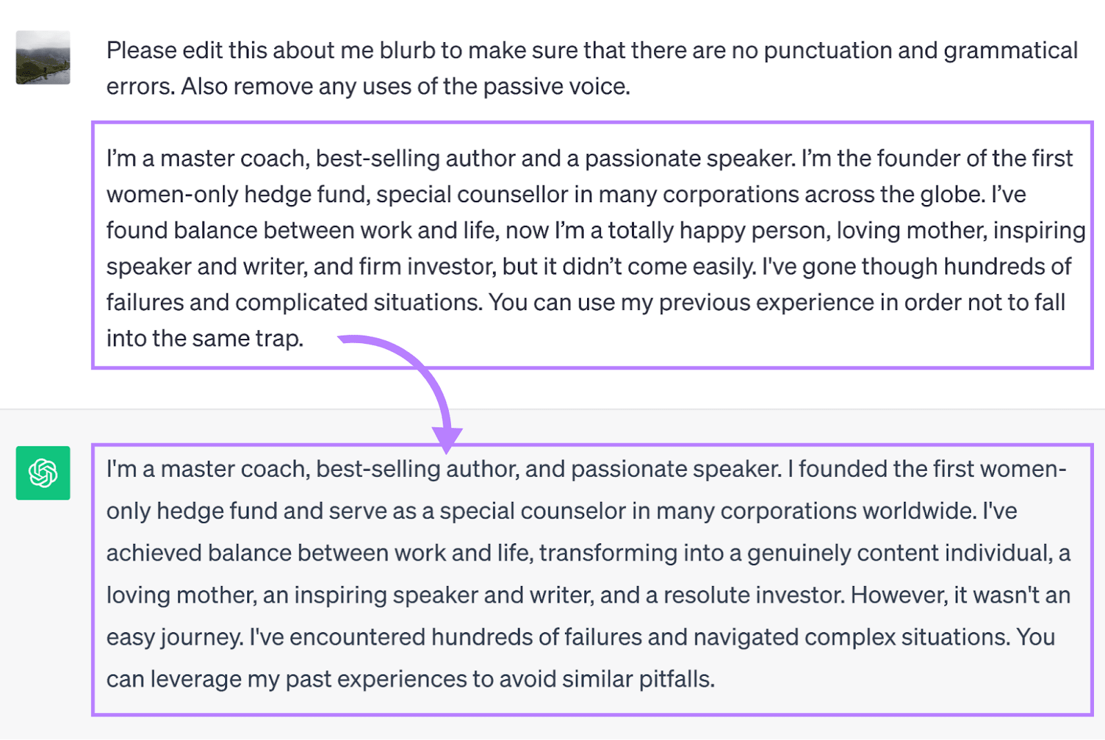 ChatGPT's response to &ldquo;Please edit this about me blurb to make sure that there are no punctuation and grammatical errors. Also remove any uses of the passive voice&rdquo; prompt