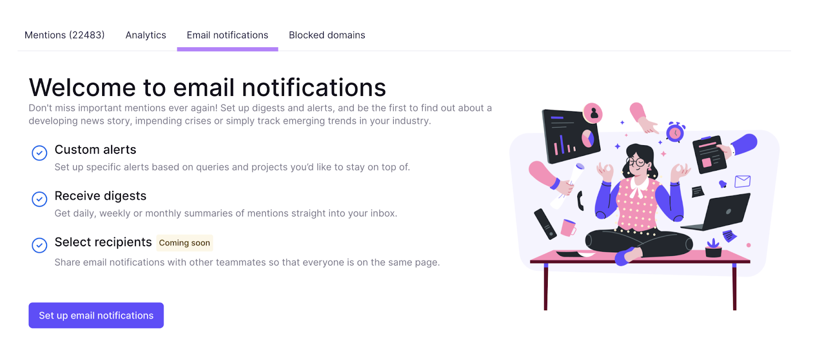 Email notifications section in Brand Monitoring&nbsp;app