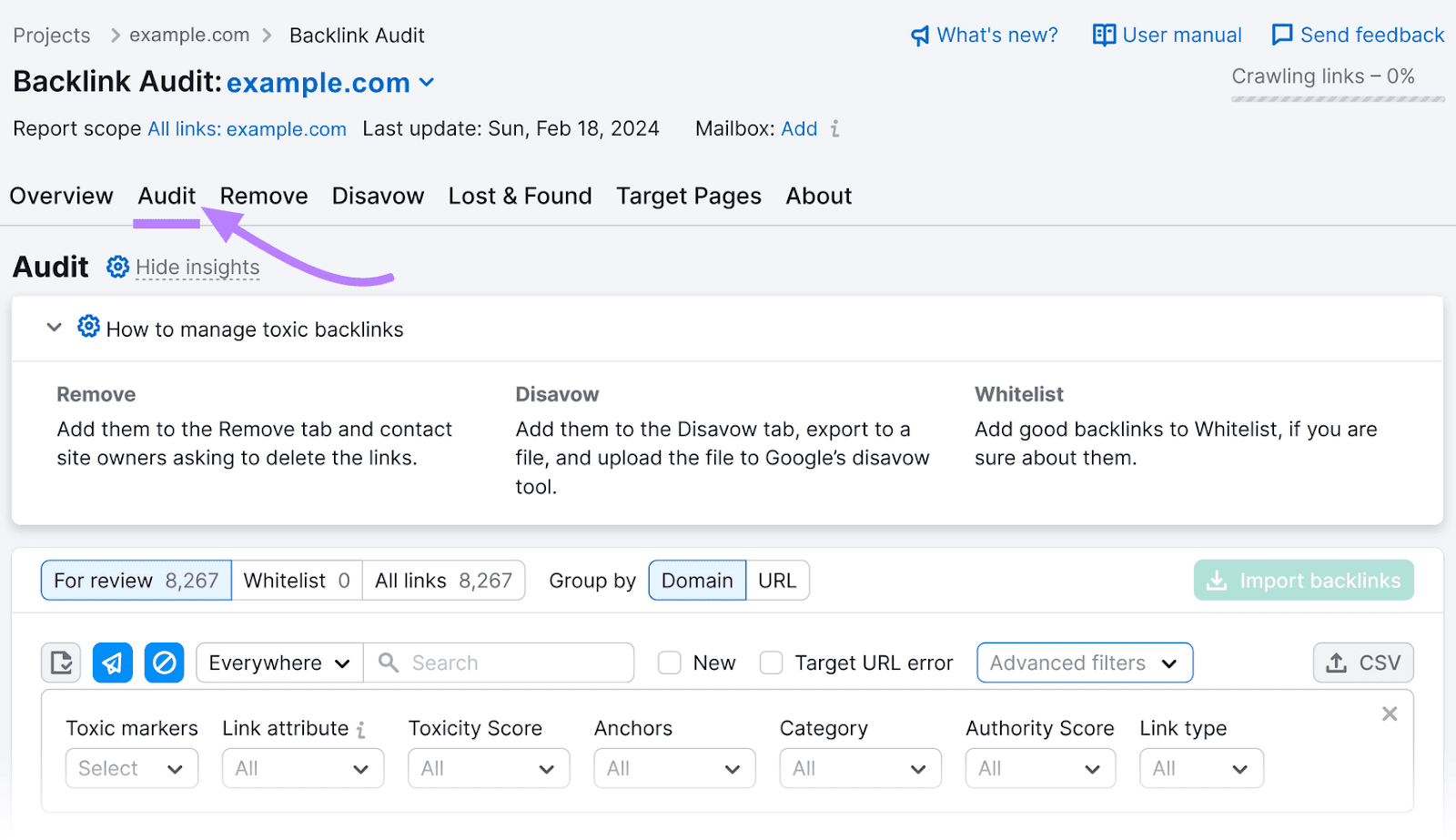 &ldquo;Audit&rdquo; tab in Backlink Audit tool