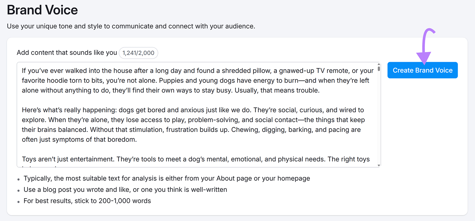 Brand Voice setup screen showing pasted writing sample and arrow pointing to &ldquo;Create Brand Voice&rdquo; button.