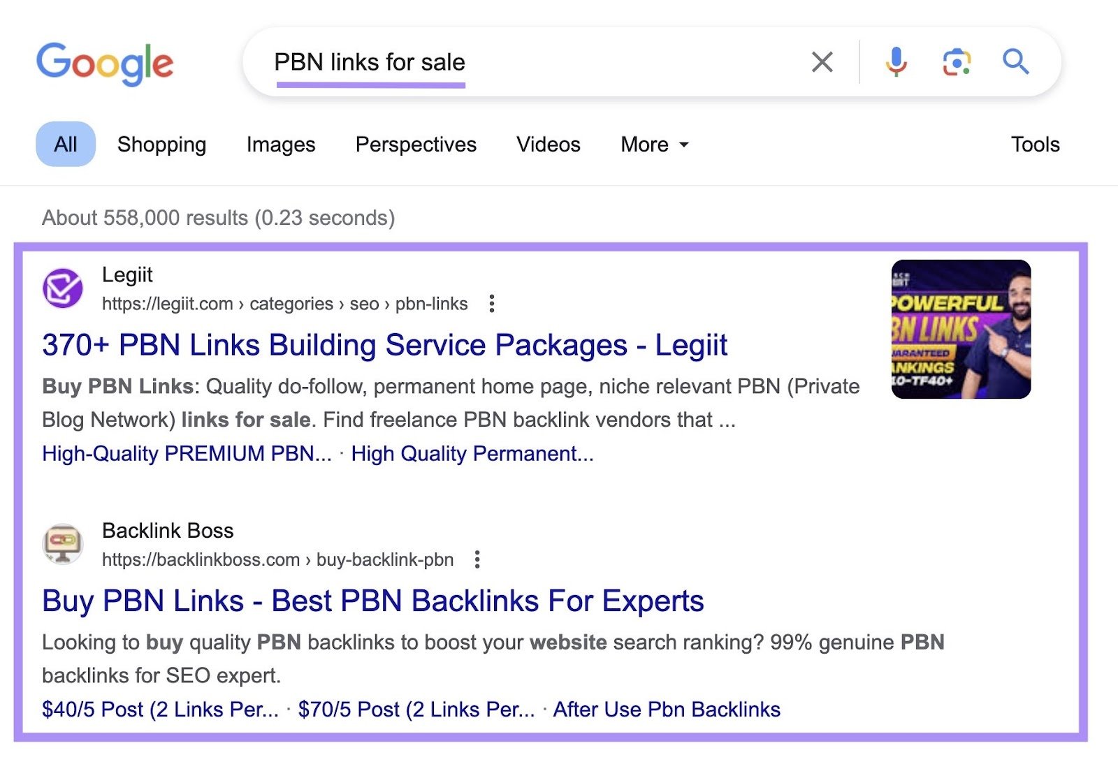 Google search for &ldquo;PBN links for sale&rdquo;