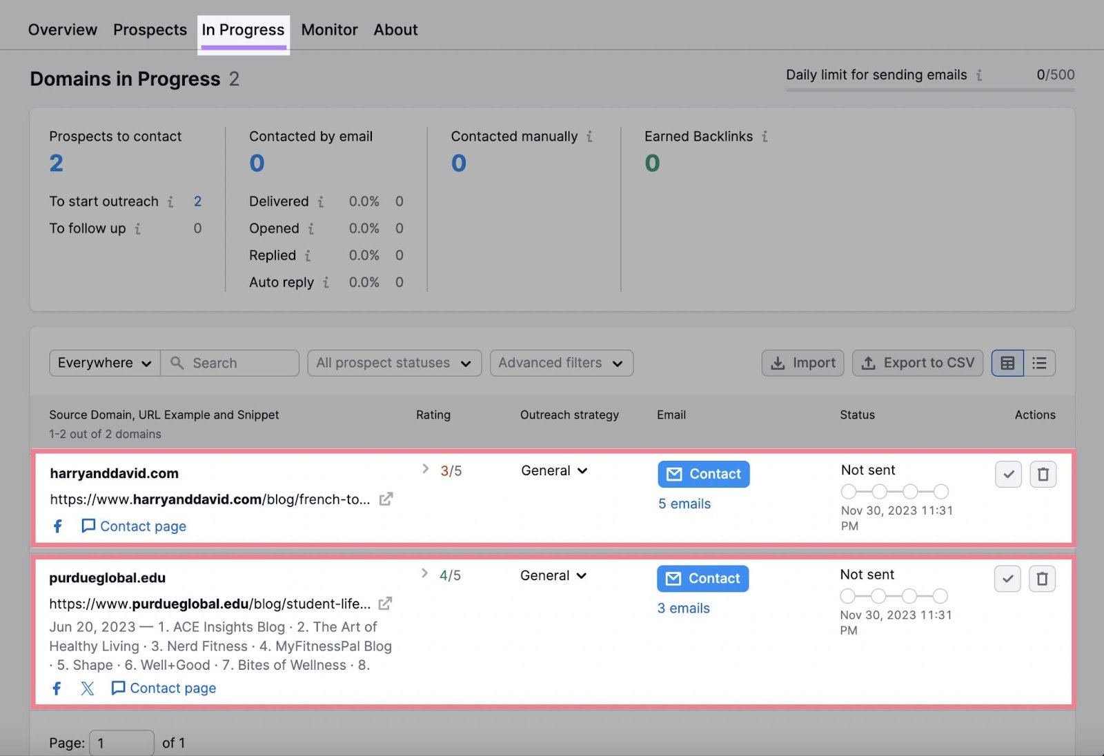 &ldquo;In Progress&rdquo; tab in the Link Building tool