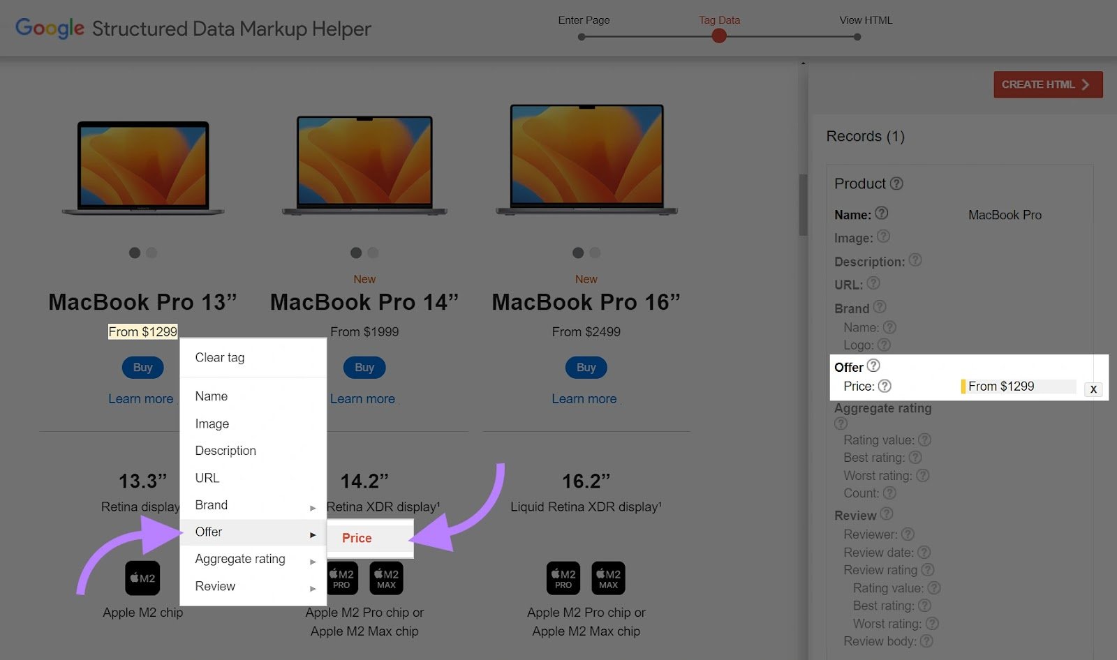 Google Structured Data Markup Helper tool with the &ldquo;Offer&rdquo; and &ldquo;Price&rdquo; options selected in the drop-down menu.