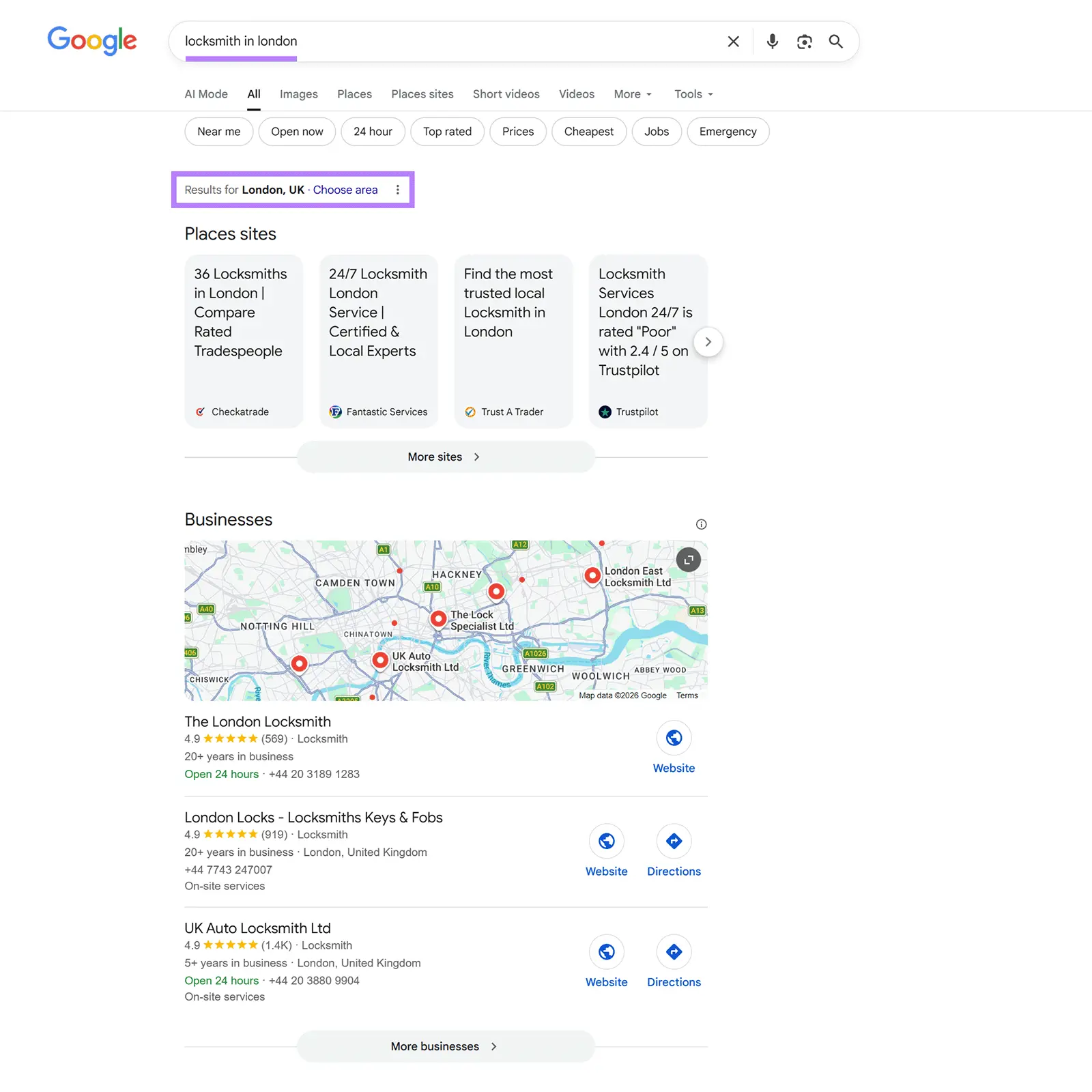 Google SERP for the term "locksmith in london" showing results for London, UK.