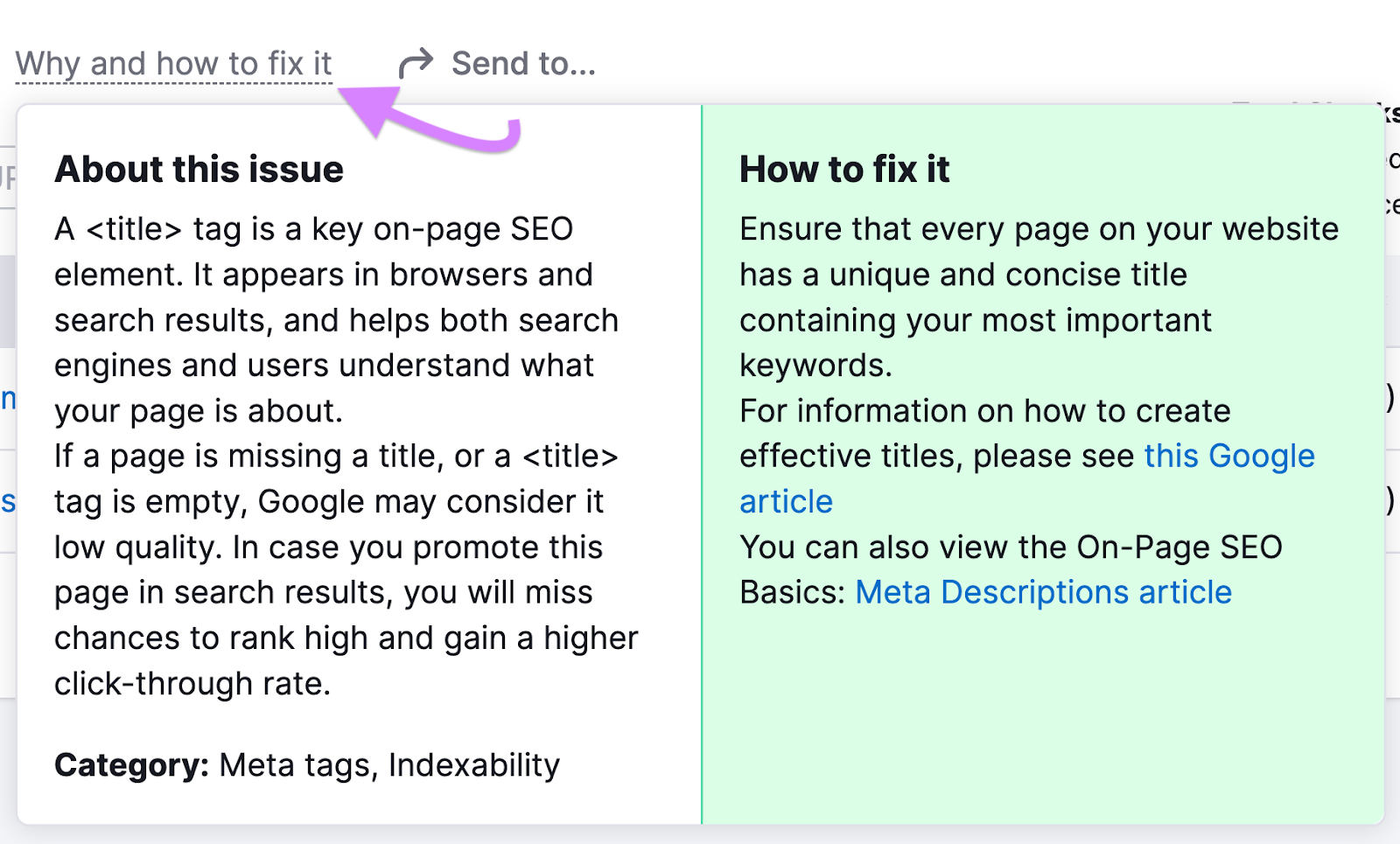 "Why and how to fix it" pop-up window in Site Audit tool