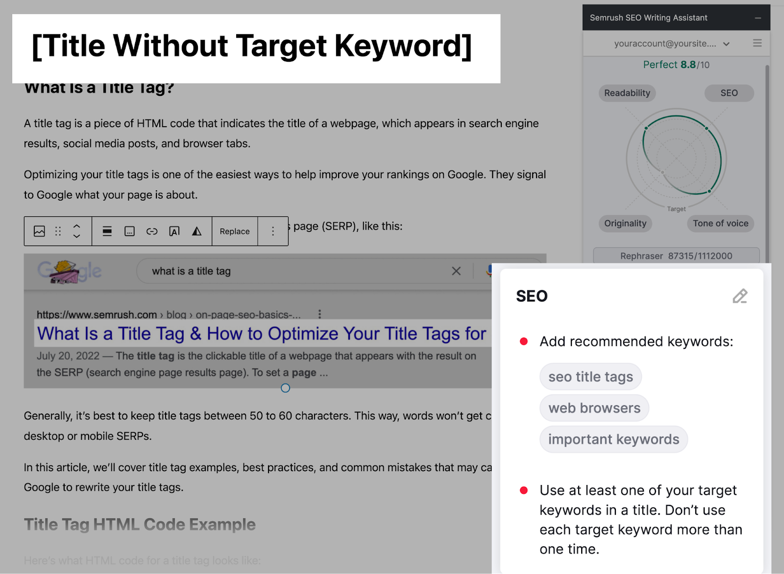 SEO Writing Assistant plugin showing that article&rsquo;s title doesn&rsquo;t include target keyword