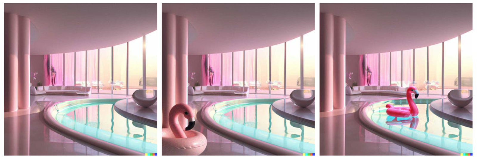 two examples of inpainting where DALL-E 2 added a flamingo to the image based on user&rsquo;s instructions