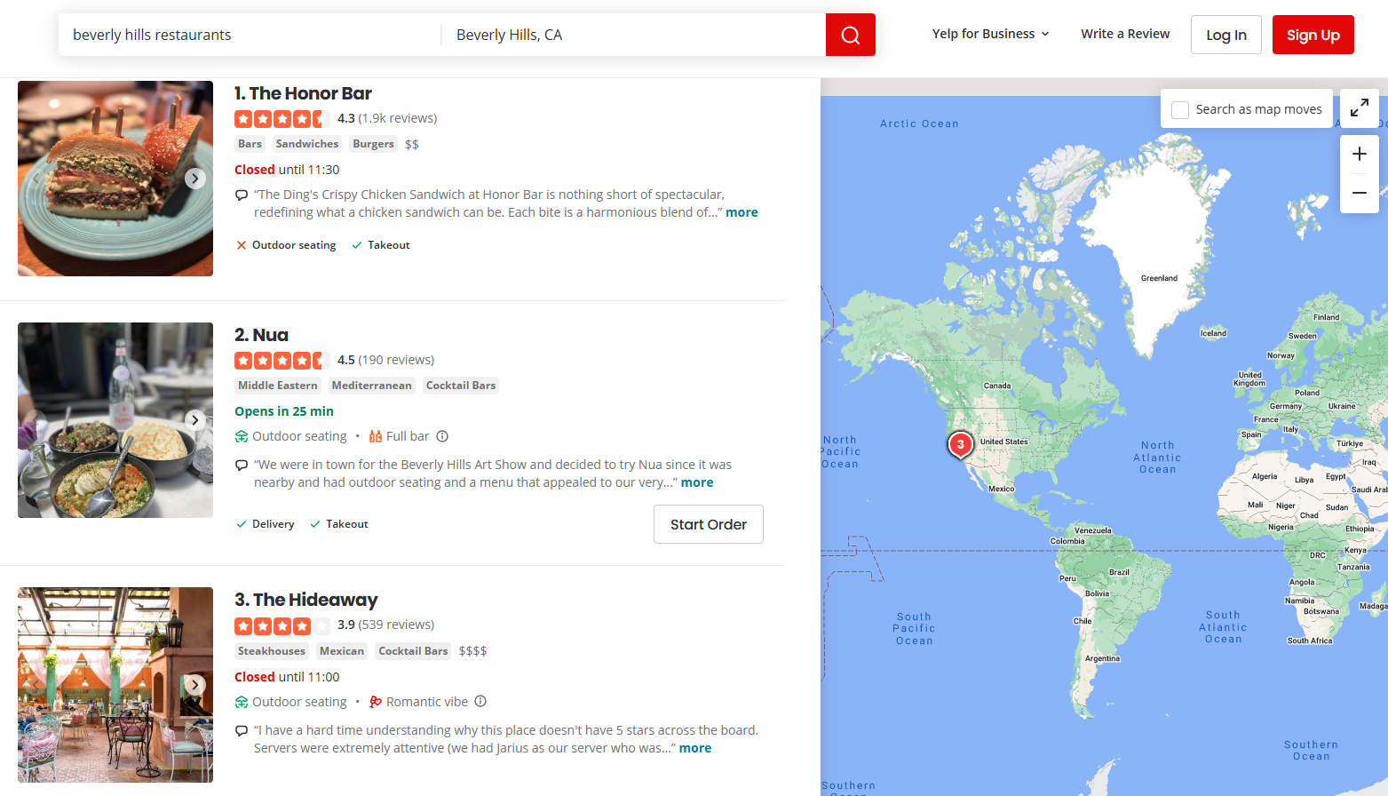 Yelp results for restaurants in Beverly Hills.