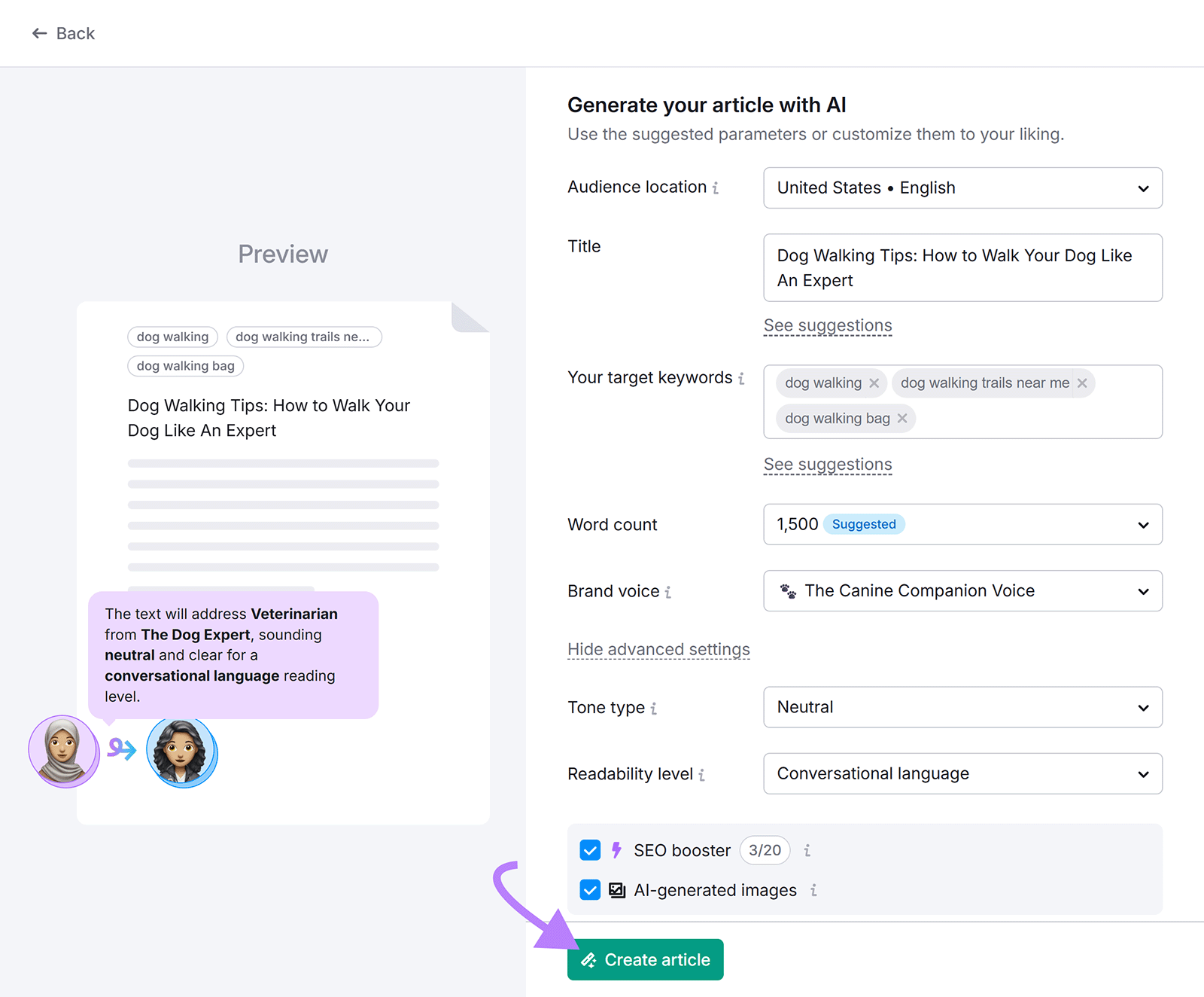 AI article setup screen with keywords, tone, and voice settings, arrow pointing to &ldquo;Create article&rdquo; button.