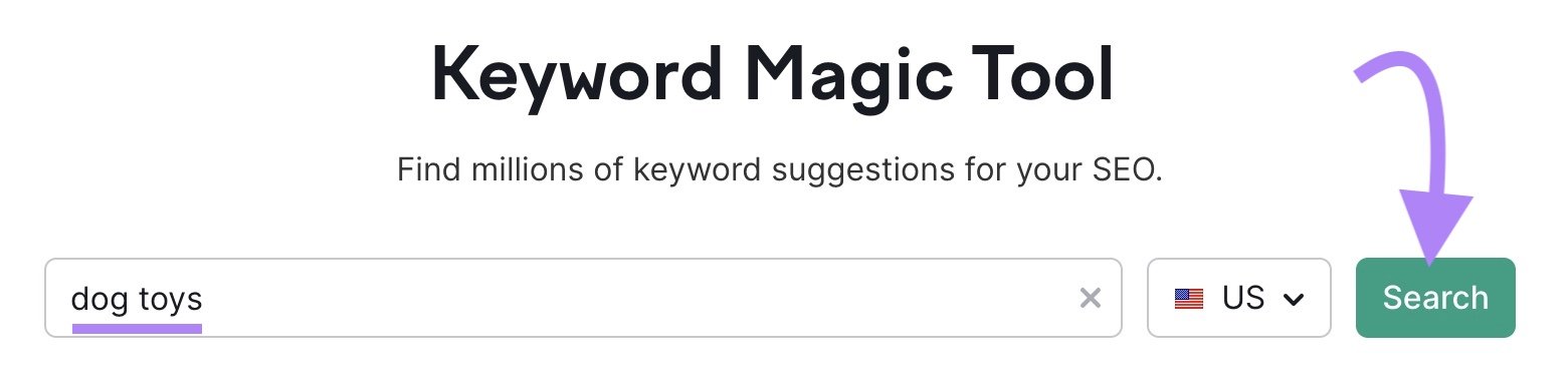 Keyword Magic Tool with &ldquo;dog toys&rdquo; entered in the search bar.