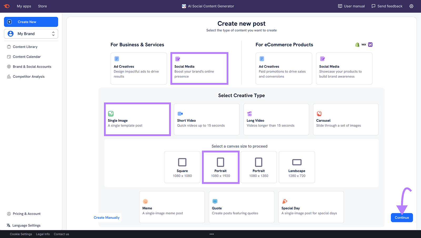 AI Social Content Generator showing options to create a new social media post, with &ldquo;Portrait&rdquo; and &ldquo;Continue&rdquo; selected.