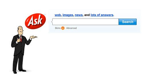 Screenshot of Ask Jeeves, which was a very popular, early search engine created in 1996. A friendly butler encouraged you to ask a question in the search bar, rather than stumble through a directory to find what you were looking for, giving users a more personalized experience.&nbsp;