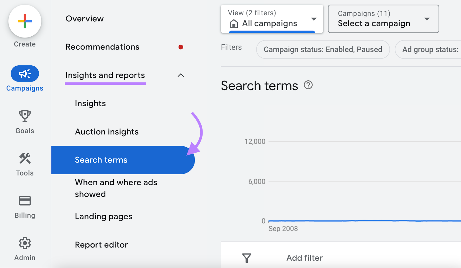 navigating to &ldquo;Search terms&rdquo; in the left-side menu of Google Ads