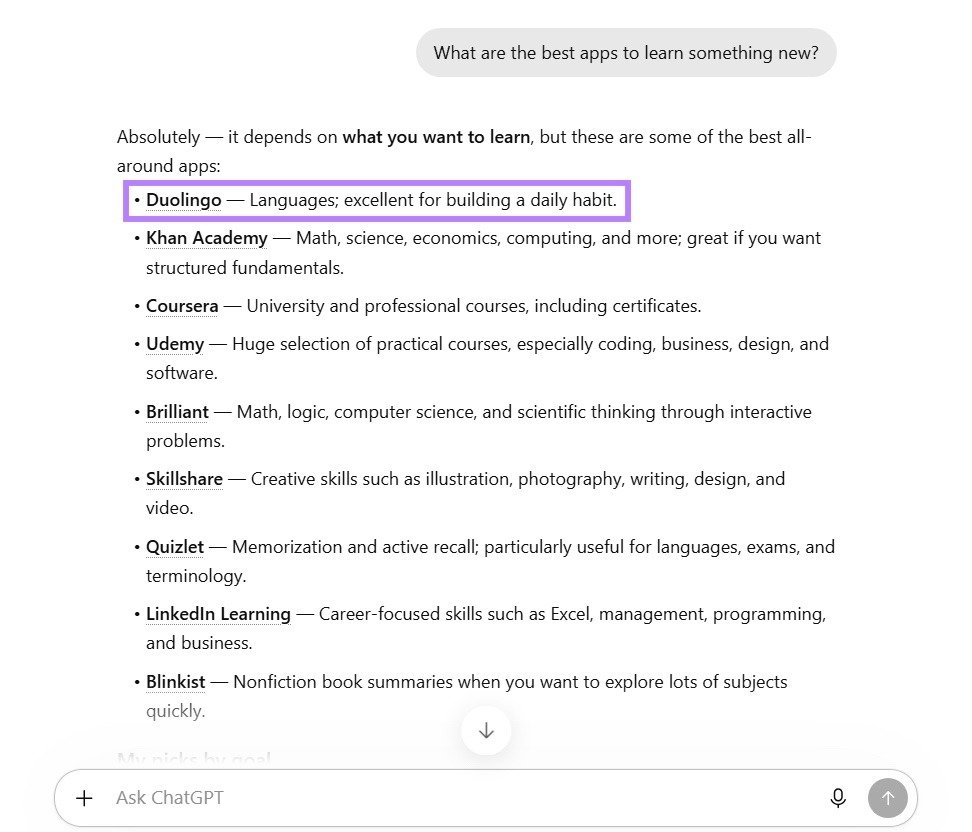 ChatGPT response to a prompt asking for the best apps to learn something new with "Duolingo" highlighted.