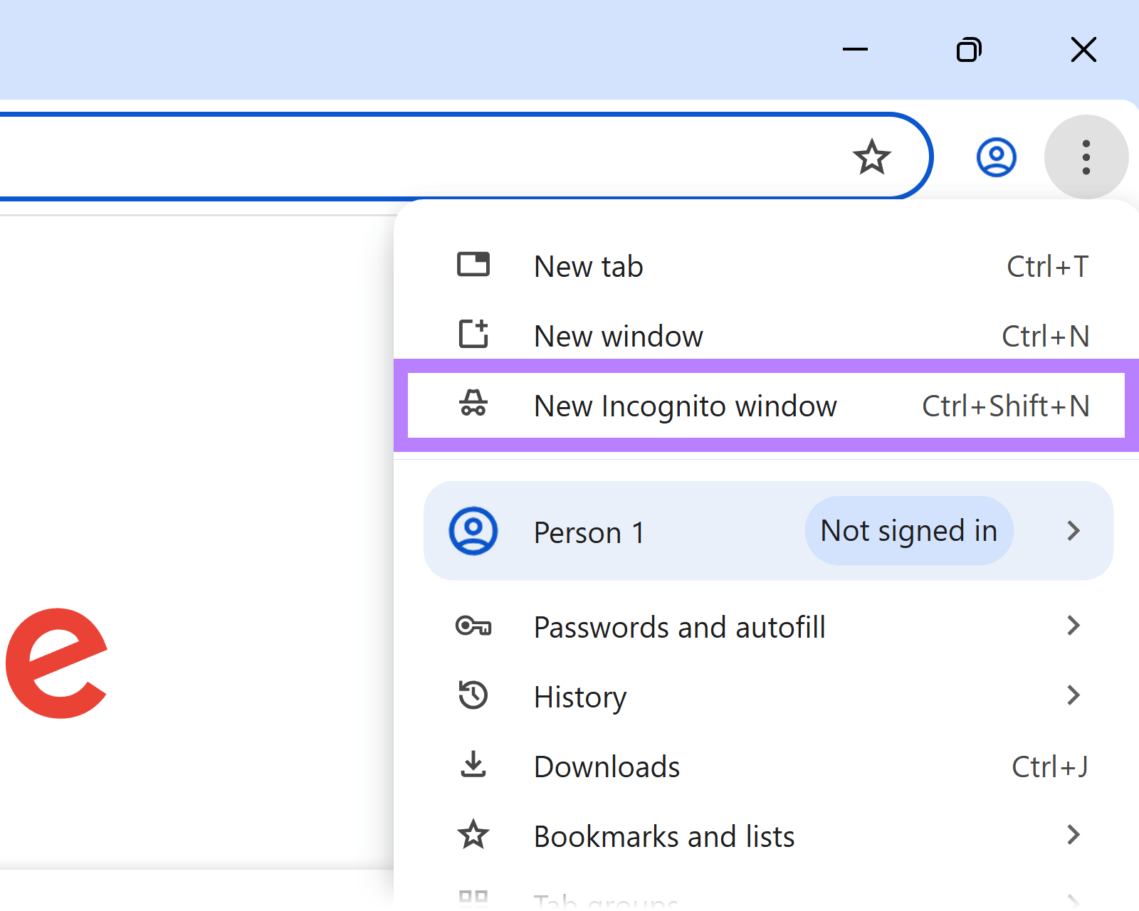 Chrome browser menu with a box around the &ldquo;New Incognito window&rdquo; option.