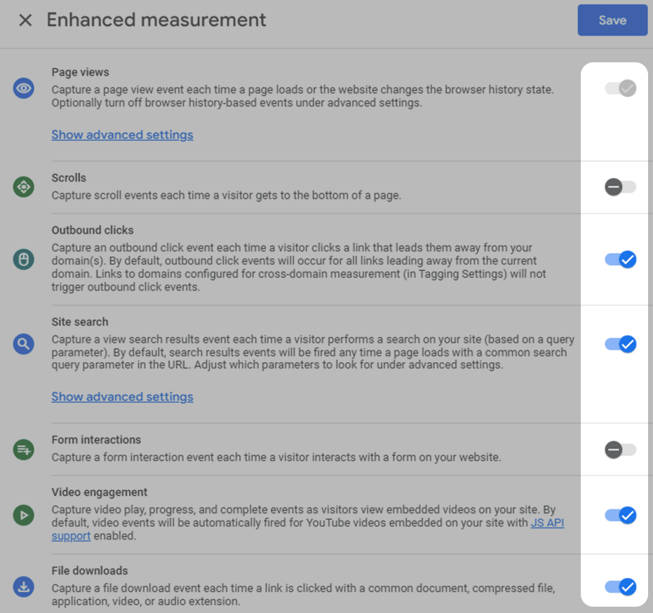 &ldquo;Enhanced measurement&rdquo; events table with toggle switch highlighted on the side