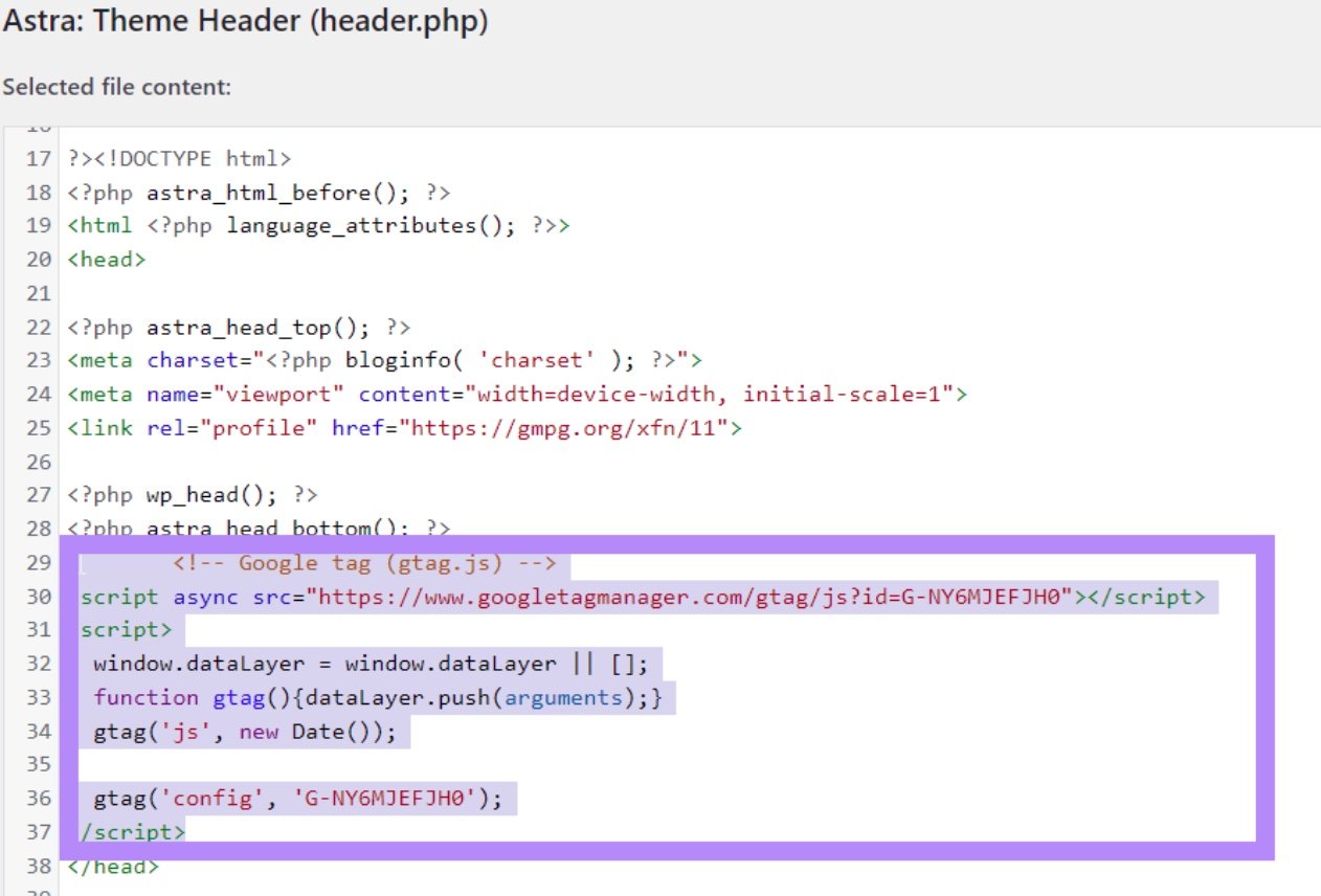 Google Analytics tracking code pasted before the closing <head> tag