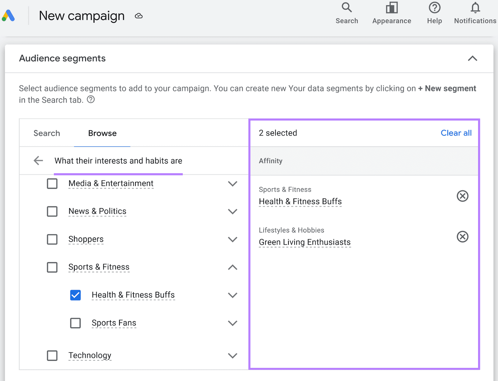 setting up &ldquo;Home & Garden&rdquo; affinity segment in Google Ads