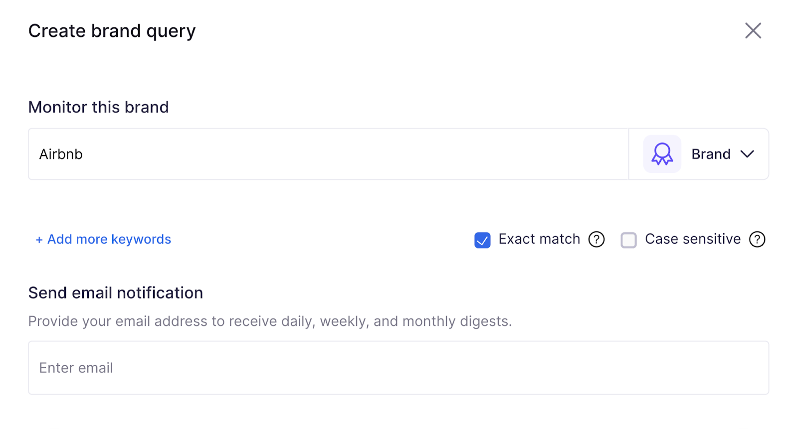 enter company name and email address to Brand Monitoring&nbsp;app