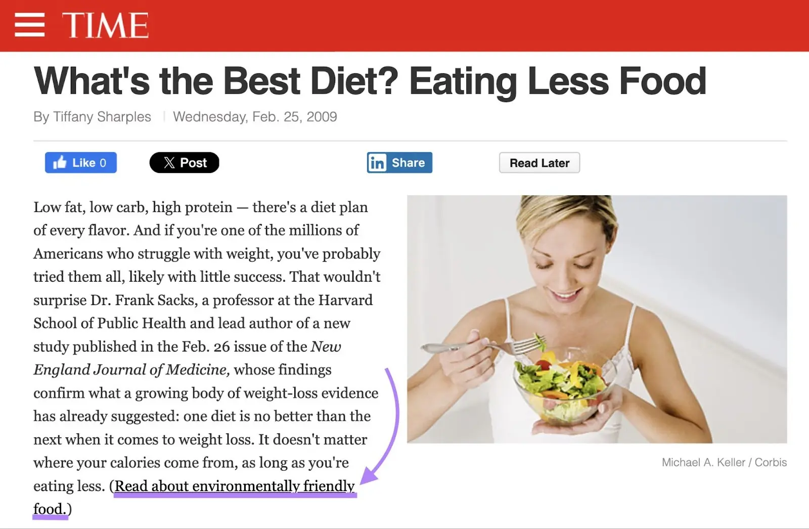 &ldquo;Read about environmentally friendly food" link highlighted in the TIME Magazine article from above