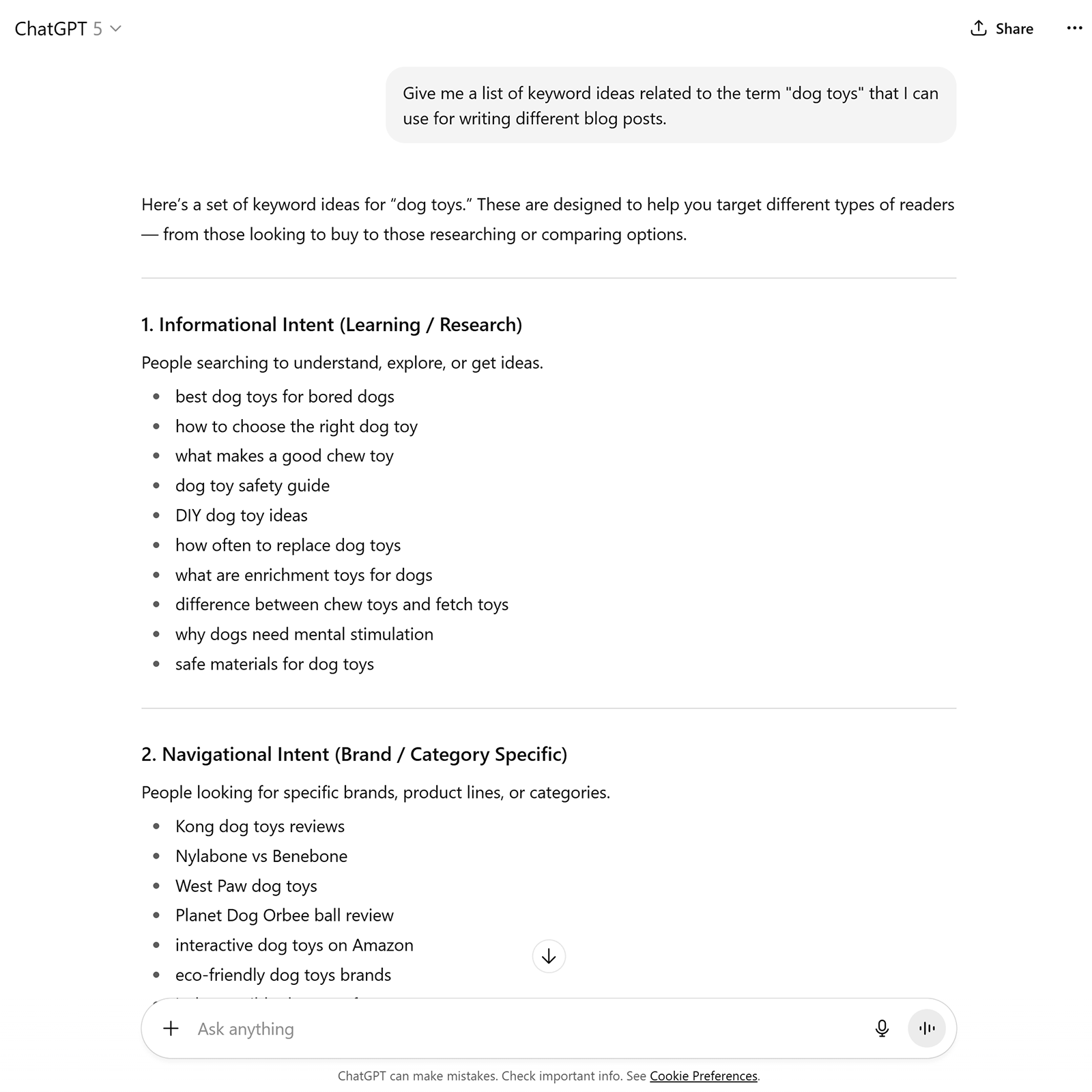 ChatGPT generated keyword ideas for &ldquo;dog toys,&rdquo; grouped by informational and navigational search intent.