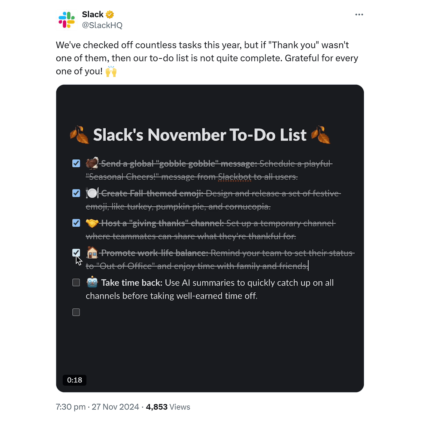Slack&rsquo;s X post showing a November to-do list with humorous seasonal tasks, celebrating team appreciation and AI productivity tools.
