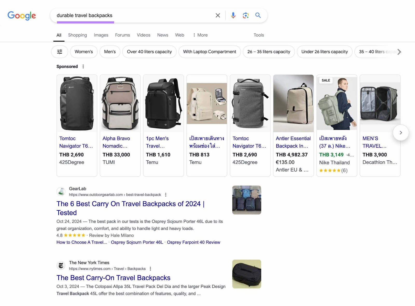 Google SERP for the term &ldquo;durable travel backpacks&rdquo; showing a list of paid and organic results.