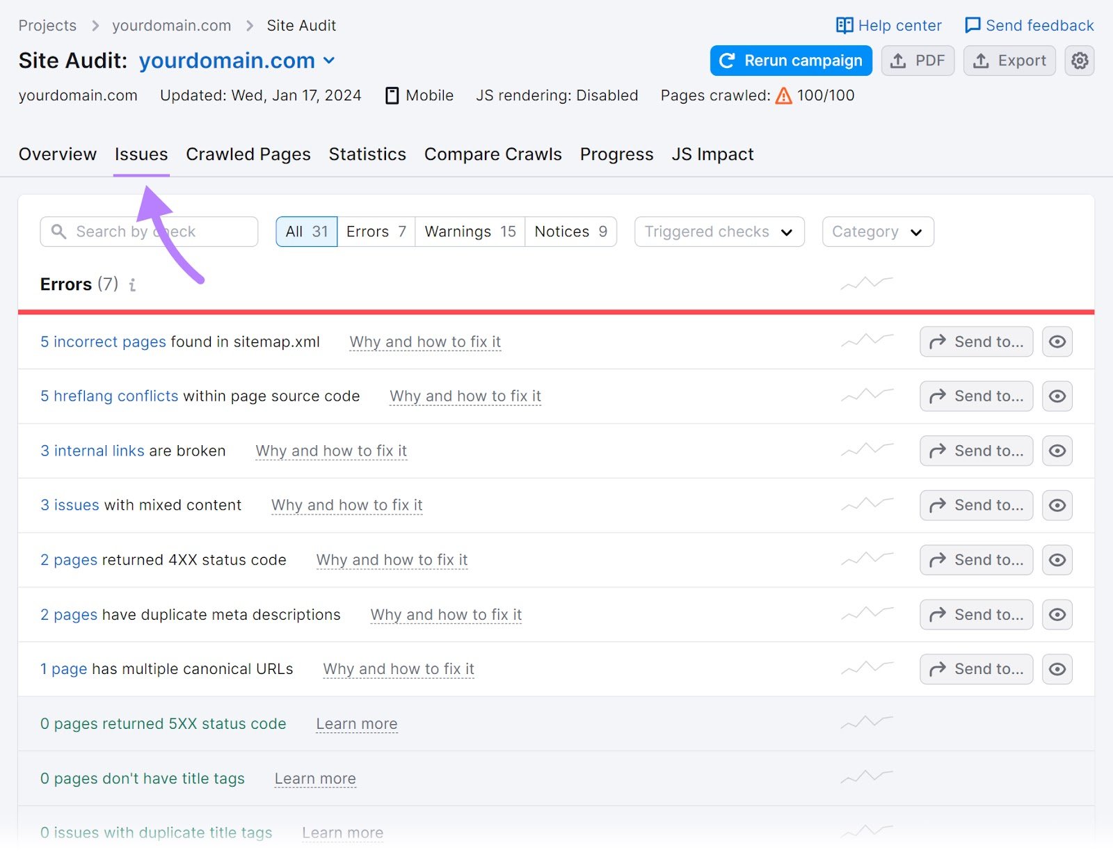 "Issues" tab in&nbsp;Site Audit tool
