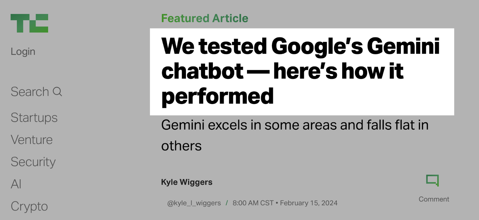 TechCrunch article's H1 tag that reads: "We tested Google&rsquo;s Gemini chatbot&mdash;here&rsquo;s how it performed"