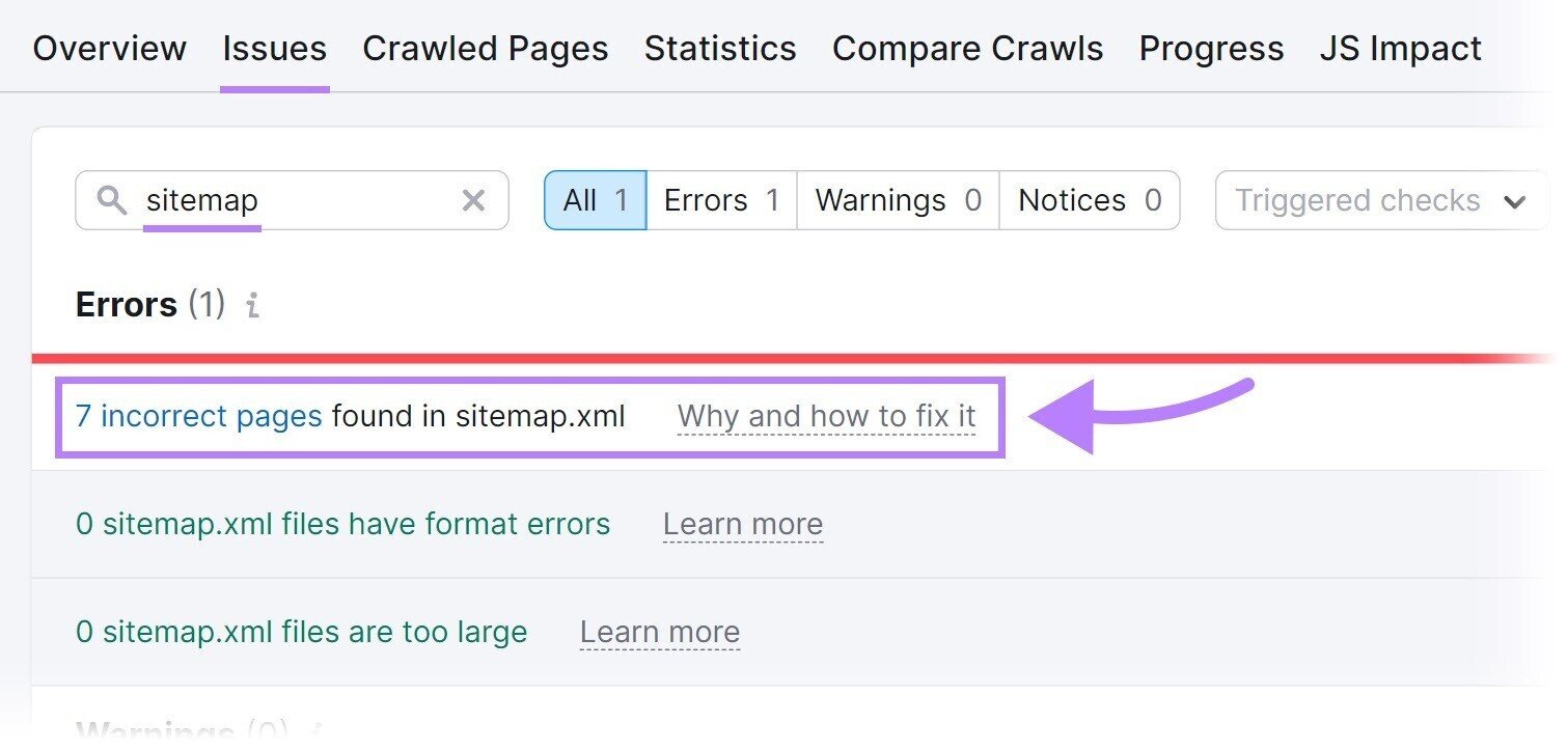 Sitemap errors identified in Site Audit under "Issues" tab