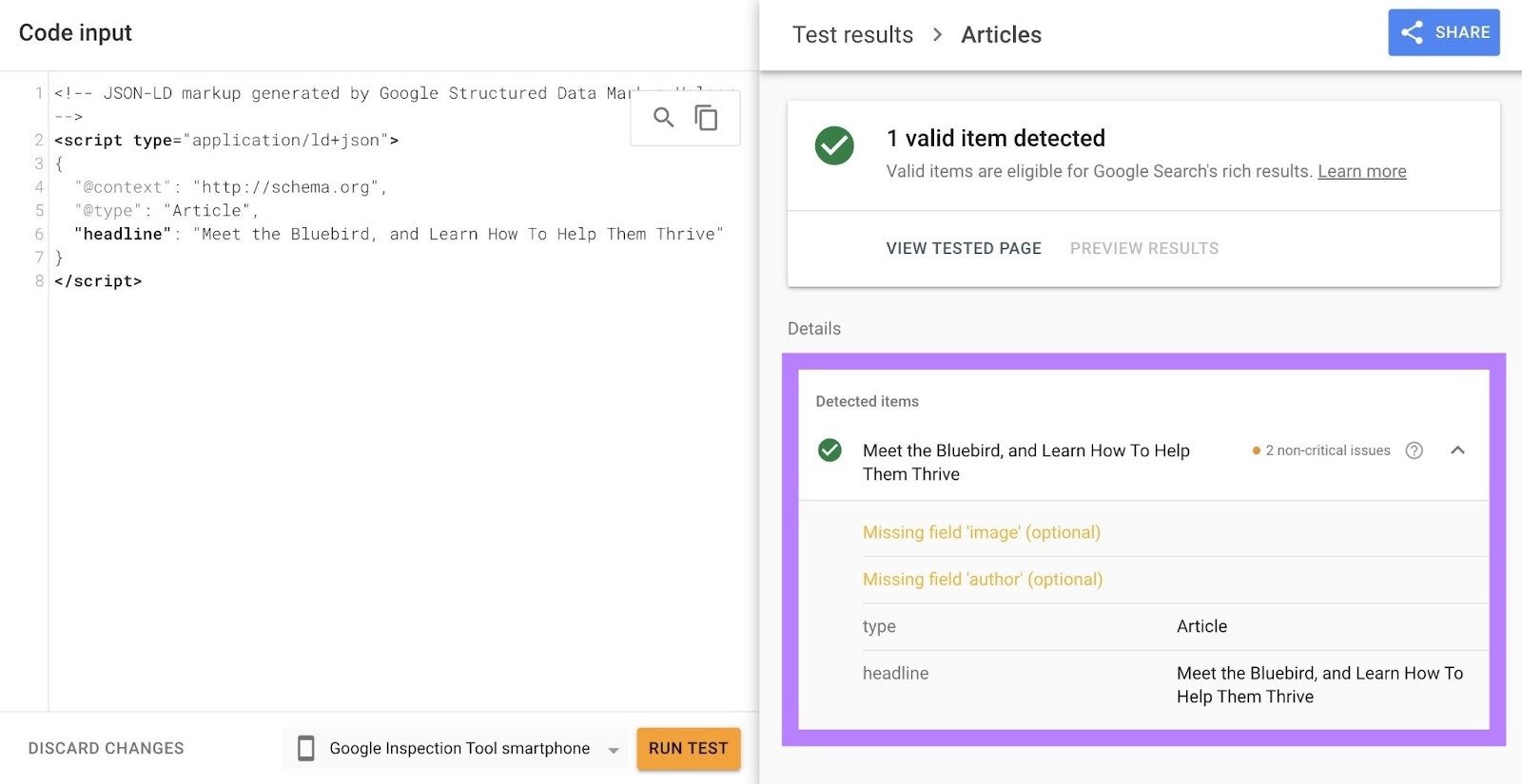 Detected schema markup along with schema issues highlighted on the right-hand side of Google&rsquo;s Rich Results Test.
