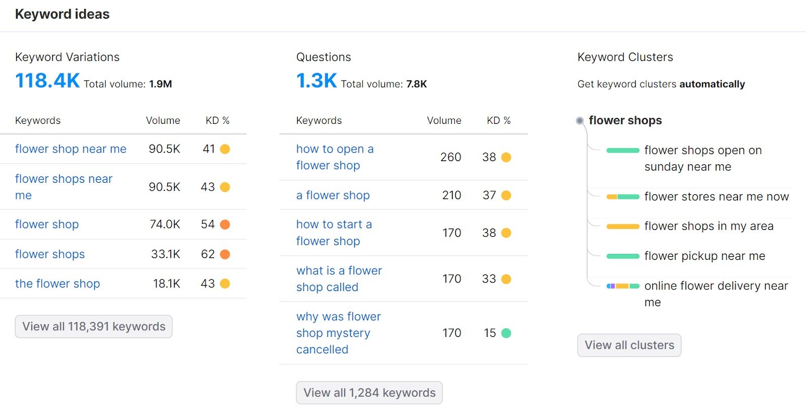 Keyword ideas dashboard in Semrush&rsquo;s Keyword Overview tool