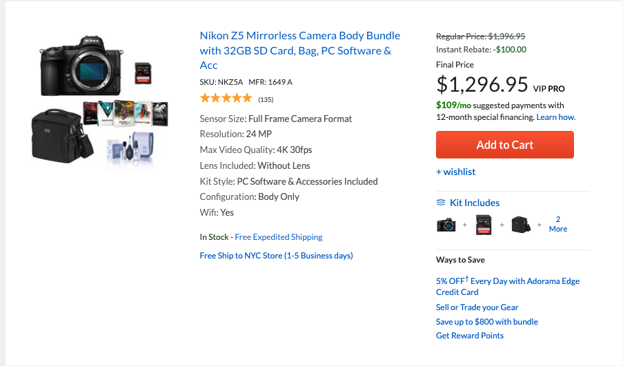 A screenshot of Adorama&rsquo;s website shows that the company has created a unique selling point for the Nikon Z5 camera by bundling it with other products a first time camera user might need&mdash;an SD card, camera bag, and PC photo editing software. This package sells for the same price as just the Nikon Z5 body on other websites.