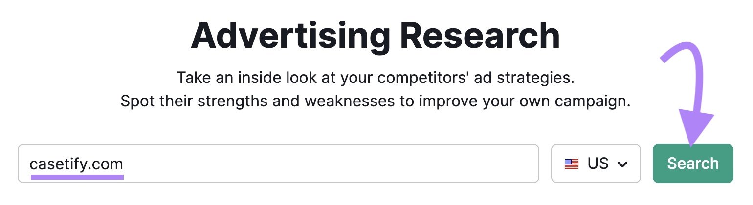 Advertising Research tool interface with &ldquo;casetify.com&rdquo; entered in the domain bar.