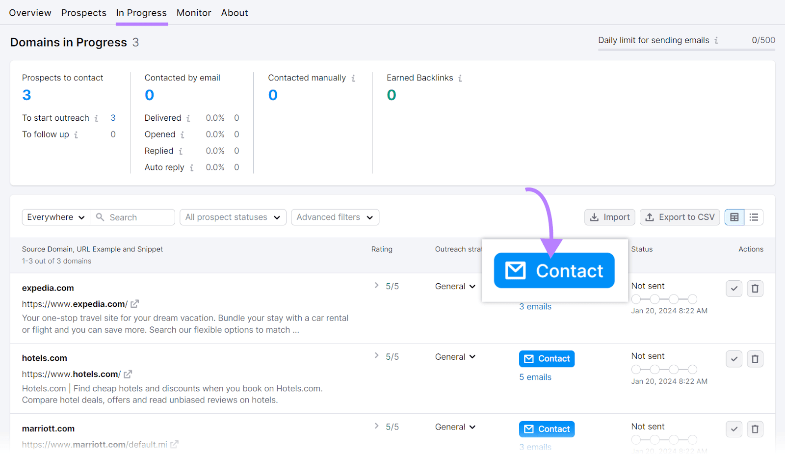 &ldquo;Contact&rdquo; button highlighted next to "expedia.com" result under "In Progress" tab