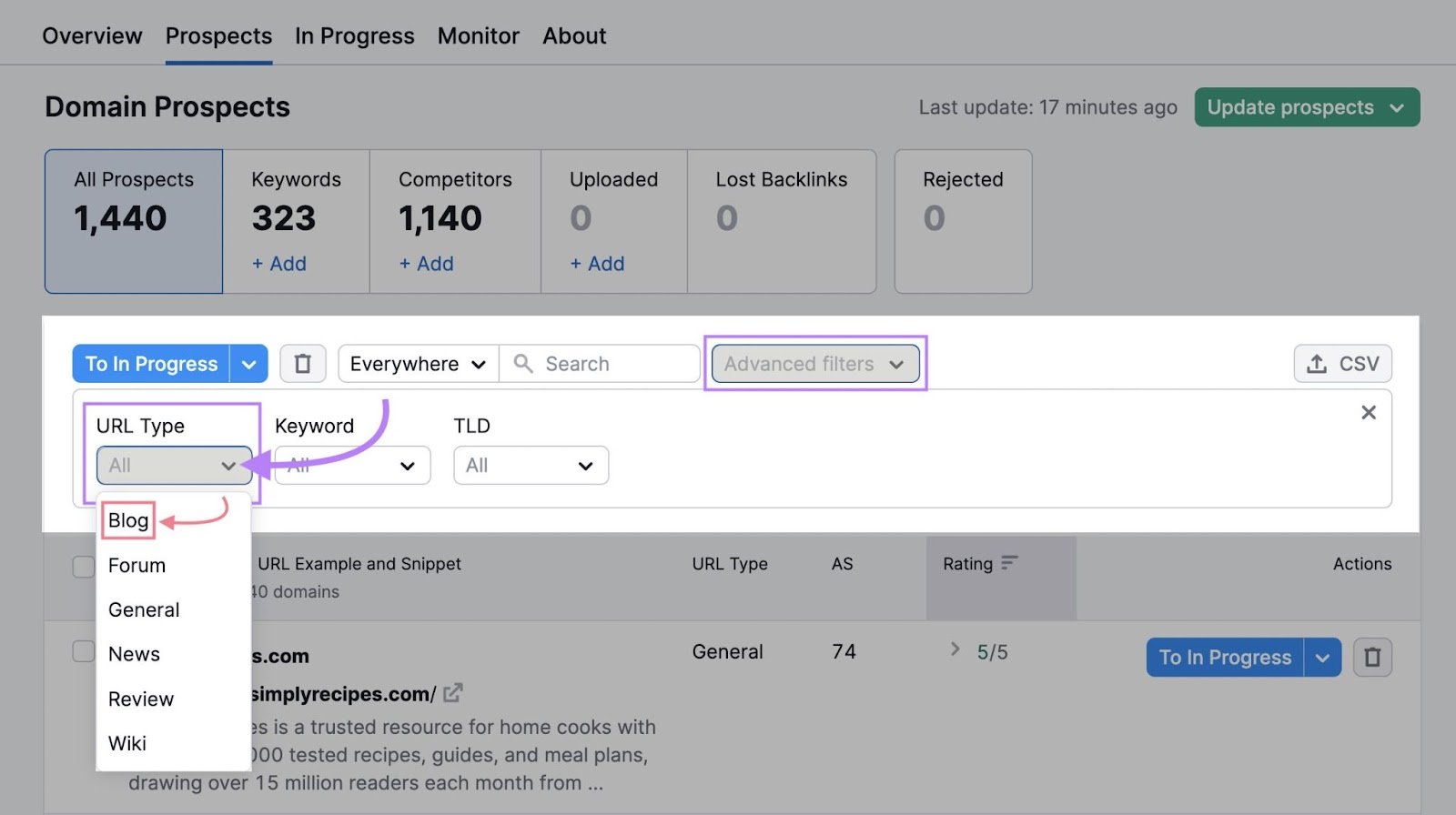 "URL Type," and "Blog" selected from the &ldquo;Advanced filters&rdquo; in the Prospects report