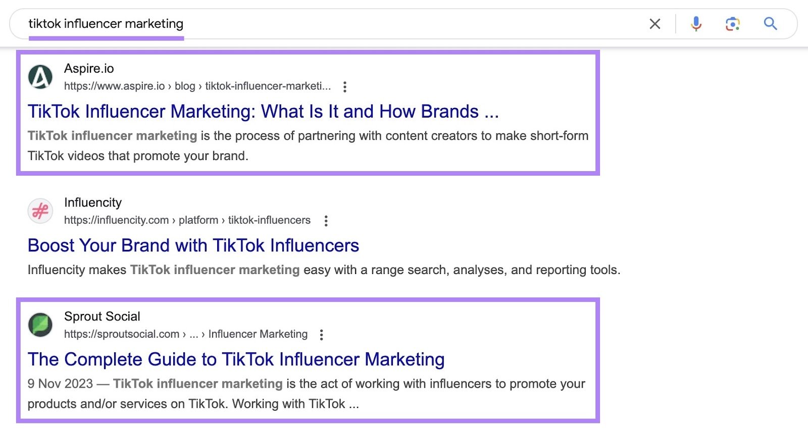 SERP for the term &ldquo;tiktok influencer marketing&rdquo; with the top-ranking results suggesting informational search intent.