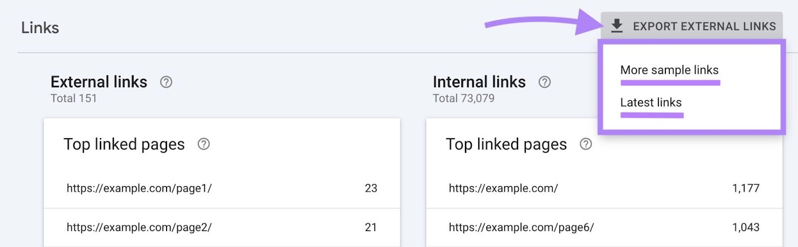 "Export External Links" clicked with the options in the dropdown, &ldquo;More sample links&rdquo; & &ldquo;Latest links&rdquo;, highlighted on GSC.