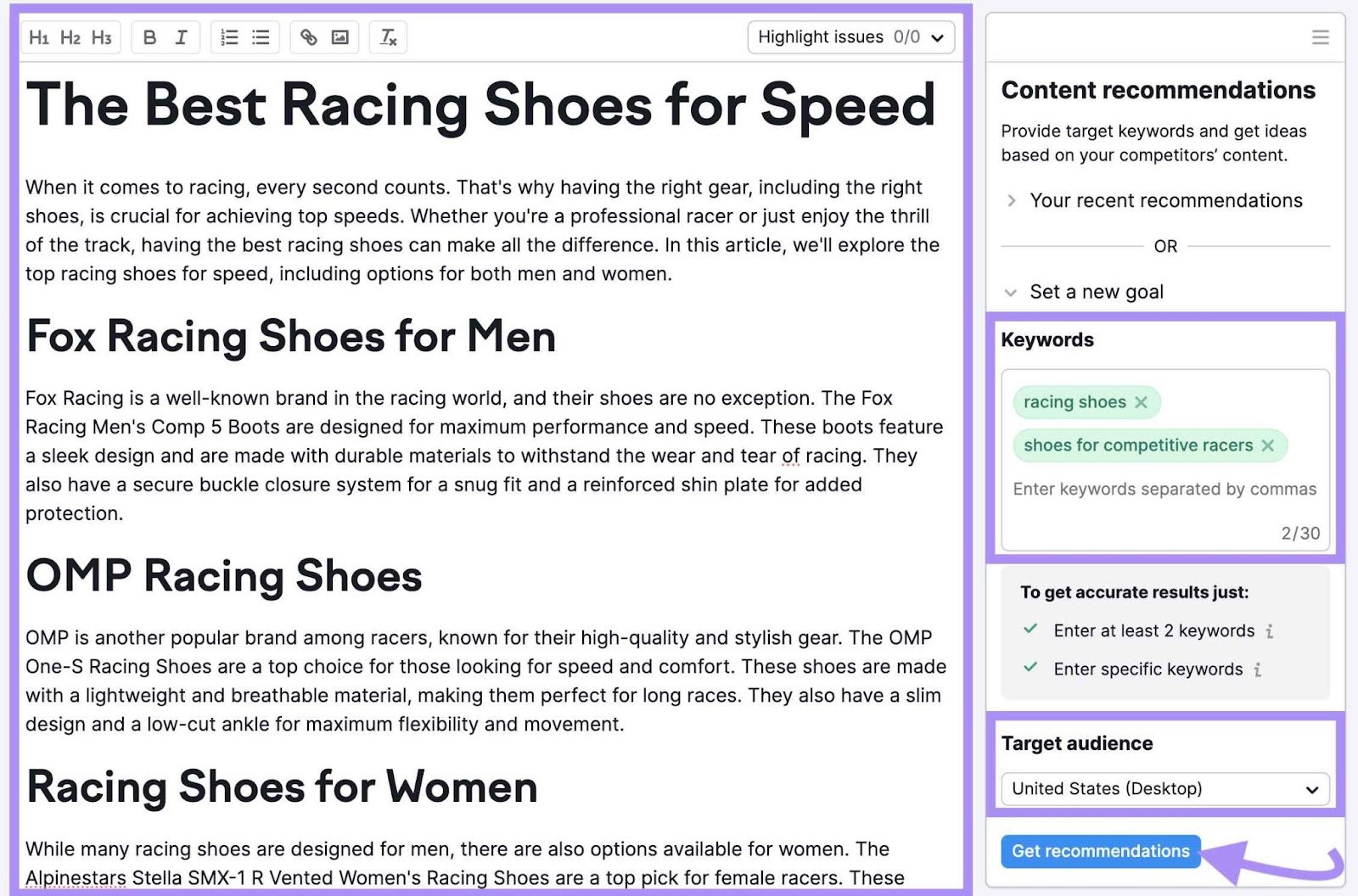 SEO Writing Assistant's text editor and content recommendations section