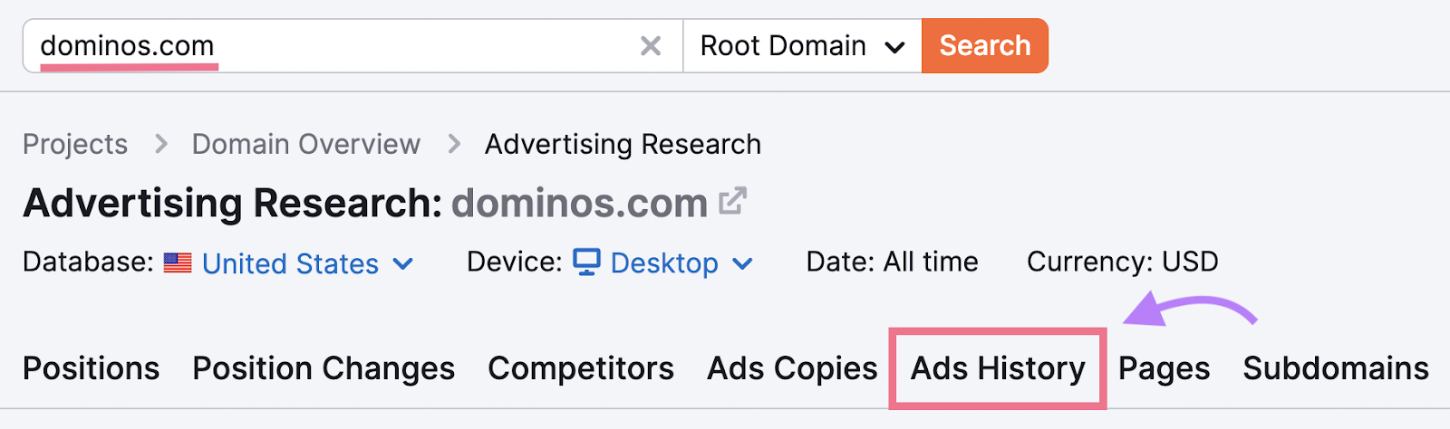 where to find &ldquo;Ads History&rdquo; tab in Advertising Research tool