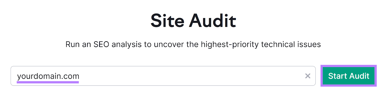 Semrush Site Audit start page, with the domain input box and &ldquo;Start Audit&rdquo; button highlighted