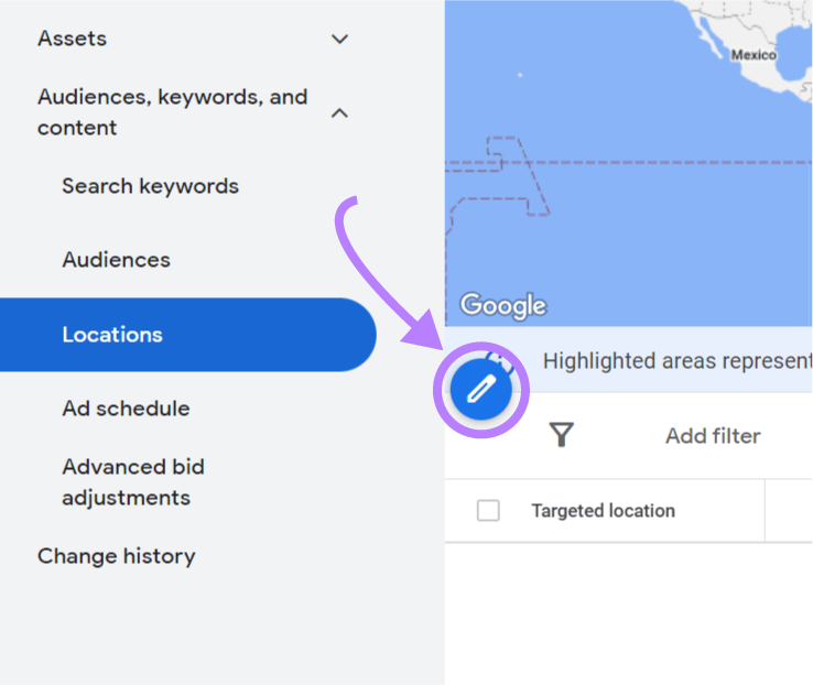 "Pencil" icon highlighted next to &ldquo;Locations" section