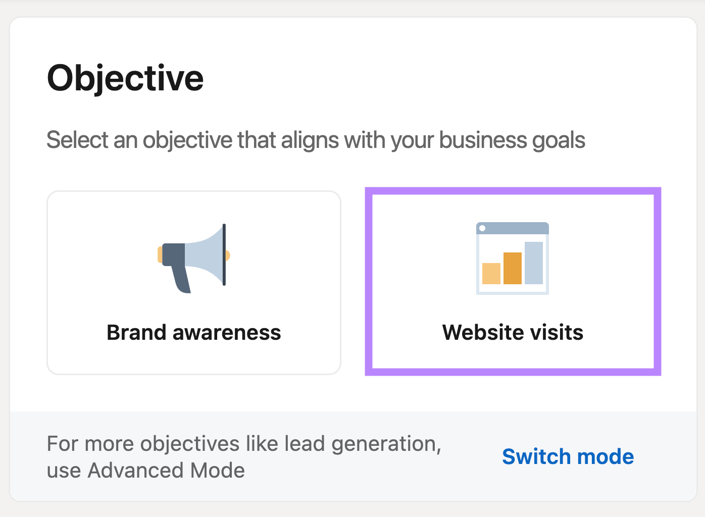 LinkedIn Ads setup with brand awareness and website visit options. Website visits selected