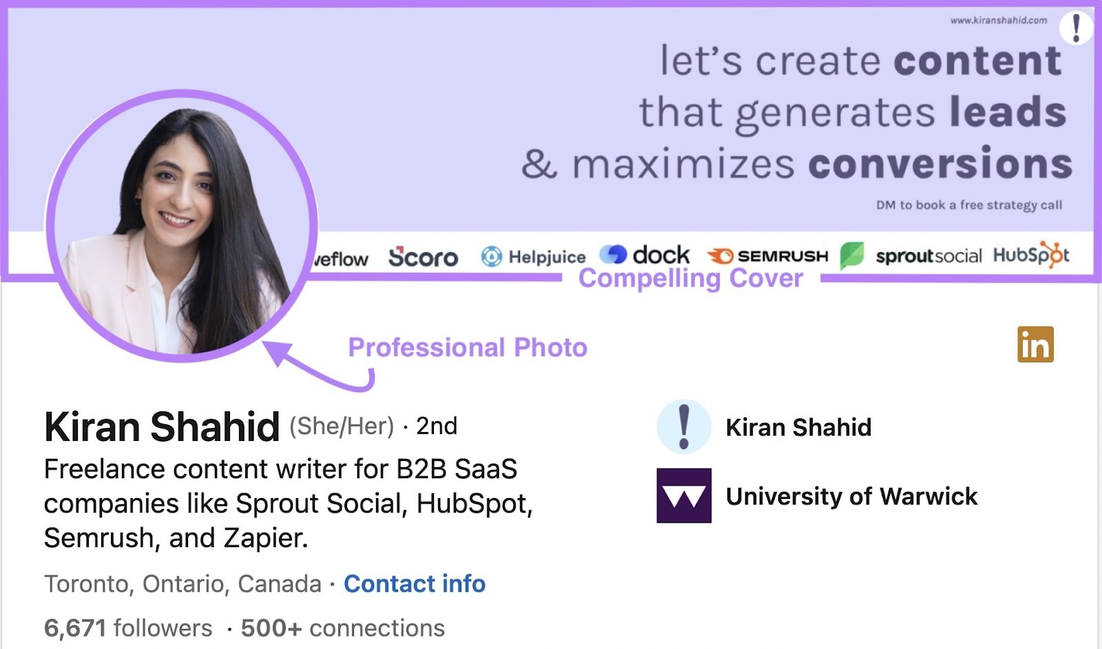 LinkedIn profile of Kiran Shahid highlighting the importance of a clear cover and professional&nbsp;photo
