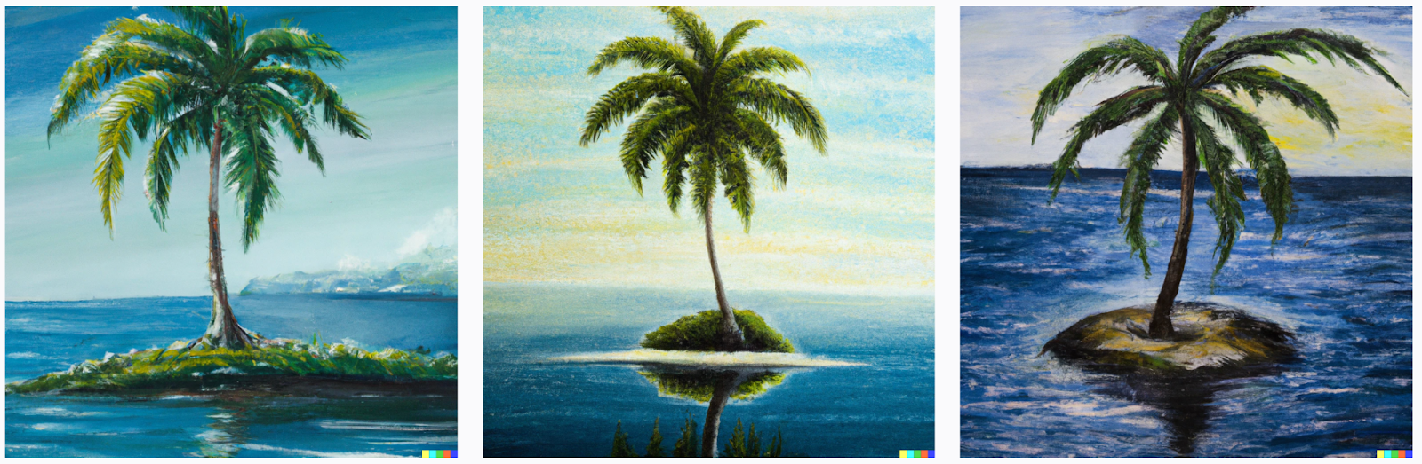 DALL-E results for &ldquo;An oil painting of a single coconut tree on an island surrounded by water&rdquo; prompt